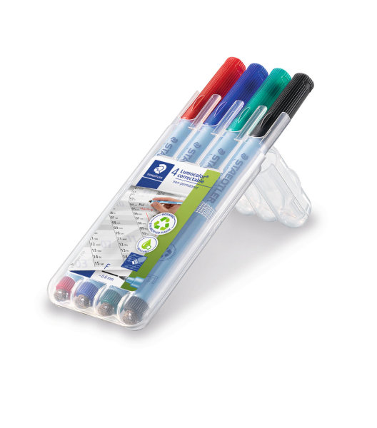 STAEDTLER Box mit 4 Lumocolor correctable Universalstiften, non-permanent, farblich sortiert, Linienstärke F (0,6 mm)