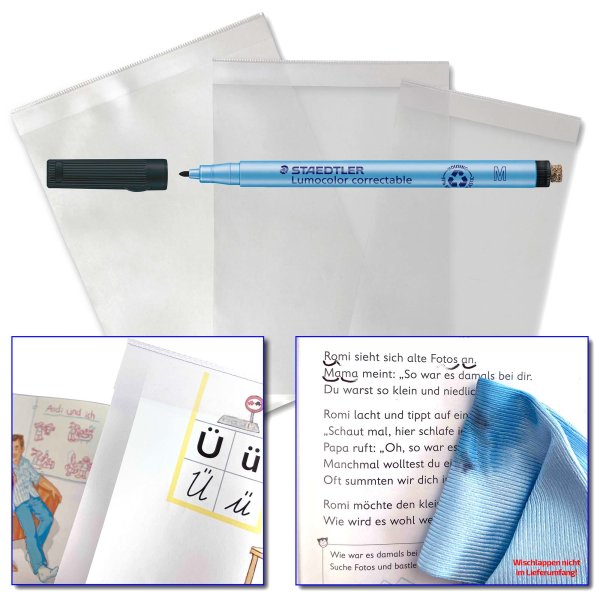 Set mit 3 Überhangfolien und abwischbarem Stift für Schulanfänger