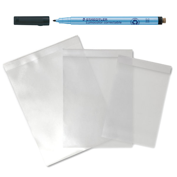Set mit 3 Überhangfolien und abwischbarem Stift für Schulanfänger