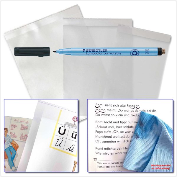 Set mit 3 Überhangfolien und abwischbarem Stift für Schulanfänger