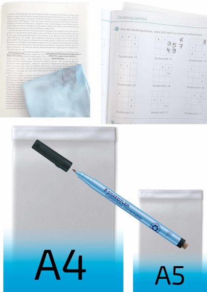 Set mit 2 Buch-Überhangfolien und abwischbarem Stift für Schüler/innen