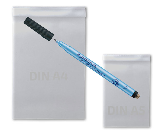 Set mit 2 Buch-Überhangfolien und abwischbarem Stift für Schüler/innen