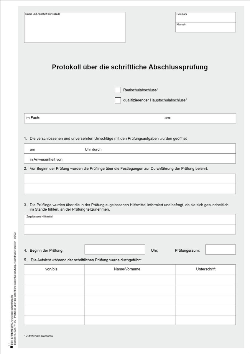 Einlegebogen Zum Protokoll über Die Mündliche Abschlussprüfung, Mittl