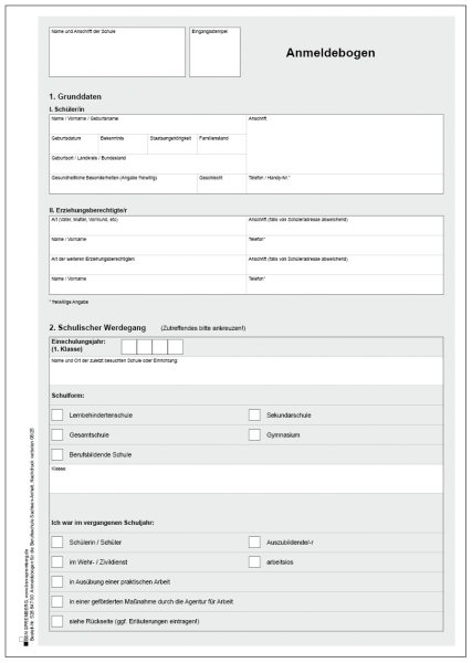Anmeldebogen für die berufsbildende Schule, Sachsen-Anhalt