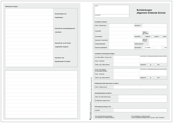 Schülerbogen für die allgemeinbildende Schule, Thüringen, DIN A3, gefalzt