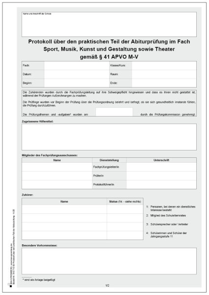 Protokoll über den praktischen Teil der Abiturprüfung im Fach Sprort, Musik, Kunst und Gestaltung sowie Theater
