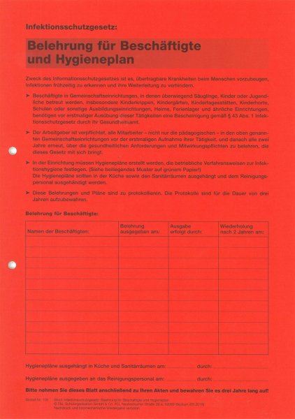 Infektionsschutzgesetz – Vordrucksammlung mit Belehrungen und Hygieneplänen im Block, DIN A4