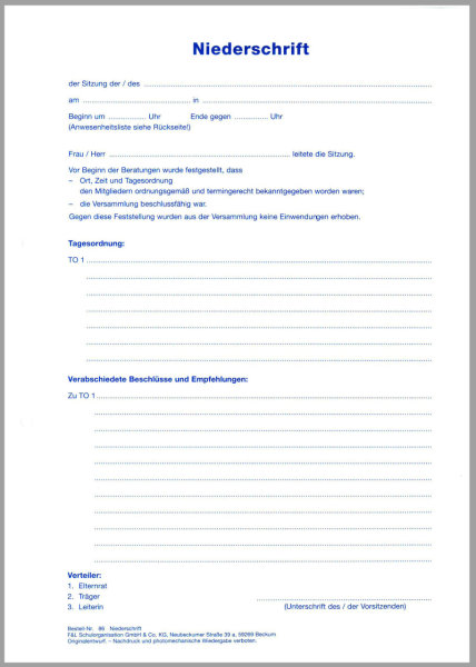 F&L Niederschrift einer Sitzung mit Anwesenheitsliste