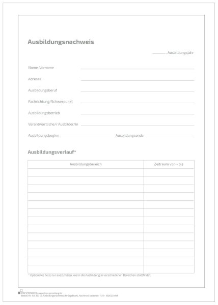 Block für den Ausbildungsnachweis / Berichtsheft für 1 Jahr handwerkliche Berufsausbildung, täglicher Eintrag (Mo-Sa)