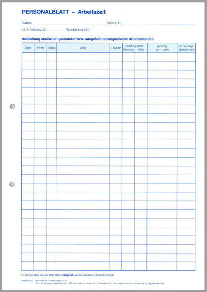F&L Personalblatt Arbeitszeit