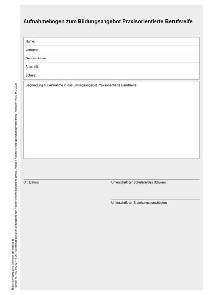 Aufnahmebogen zum Bildungsangebot Praxisorientierte Berufsreife