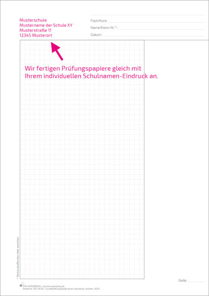 Einzelblatt kariert, mit Kopfteil, mit Eindruck des Schulnamens