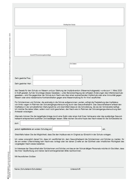 Nachweis zum Masernschutz- Information von Schulen im Land Brandenburg