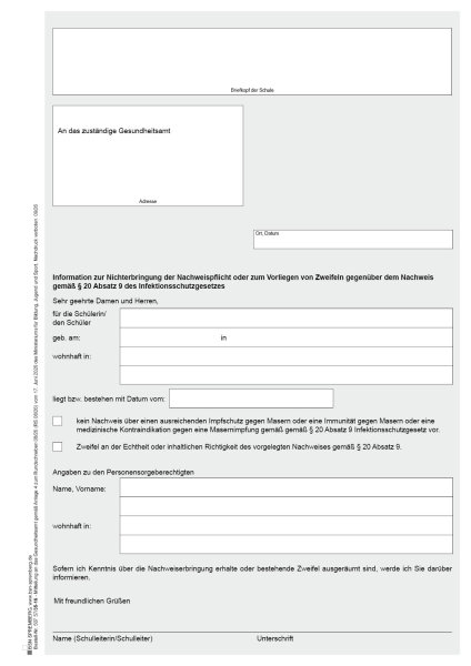 Mitteilung an das Gesundheitsamt zur Nachweispflicht des Masernschutzes für Schulen im Land Brandenburg