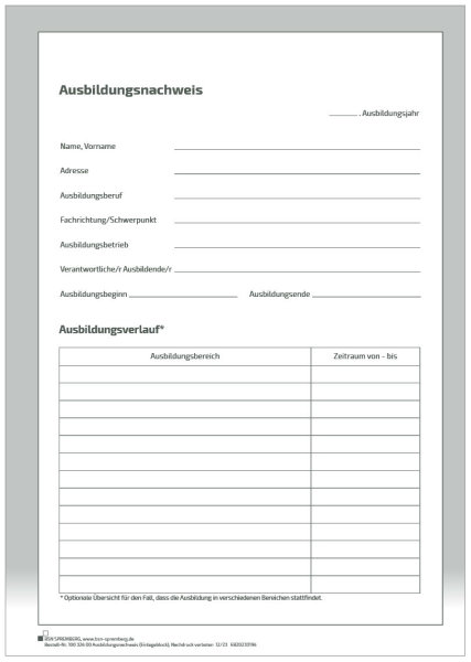 Block für den Ausbildungsnachweis / Berichtsheft für 1 Halbjahr in der Berufsschule, handwerkliche Ausbildung, täglicher Eintrag (Mo-Sa), mit Berichtsteil