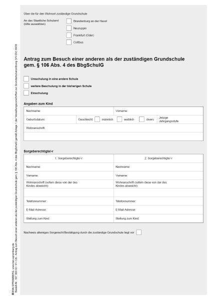 Antrag zum Besuch einer anderen als der zuständigen Grundschule in Brandenburg