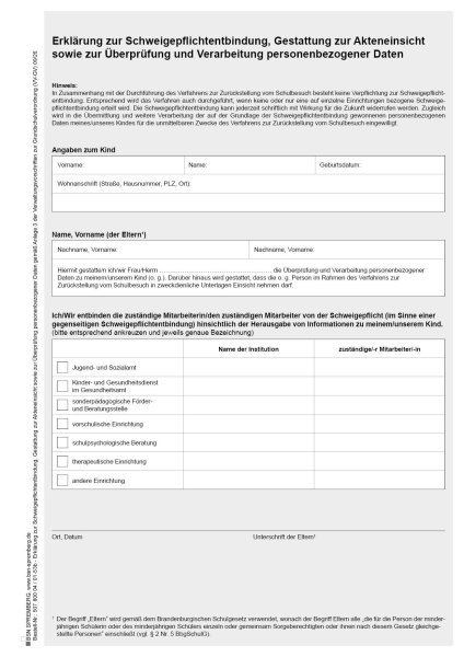Erklärung zur Schweigepflichtentbindung, Gestattung zur Akteneinsicht sowie zur Überprüfung und Verarbeitung personenbezogener Daten