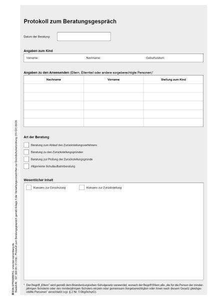 Protokoll zum Beratungsgespräch im Antrags- und Zurückstellungsverfahren in Brandenburg