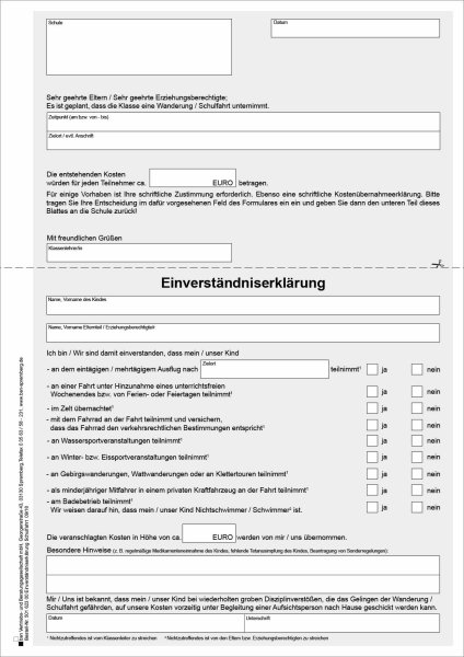 Mitteilung der Schule und Einverständniserklärung der Eltern zur Wanderung / Schulfahrt