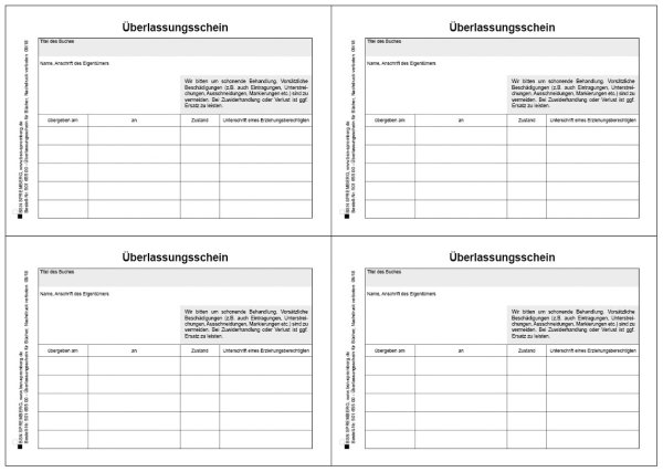 Überlassungsschein für Schulbücher, DIN A6, 4 Aufkleber auf 1 DIN A4-Blatt