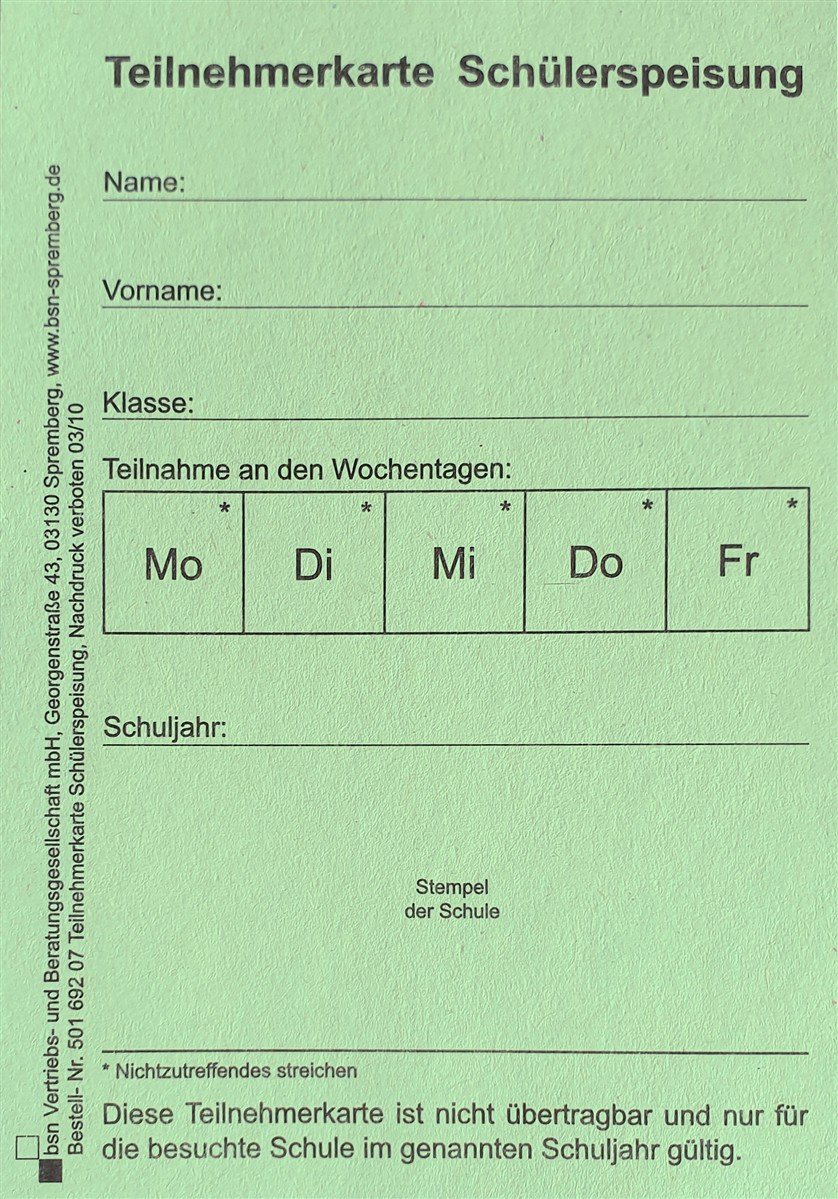 Teilnehmerkarte Schülerspeisung, Karton - 50169207