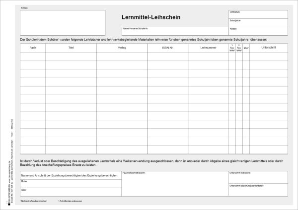 Lernmittel-Leihschein, Mehrfachausleihe, 2-fach sd