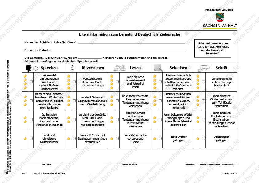 Elterninformation Zum Lernstand Deutsch Als Zielsprache, Anlage Zum Z