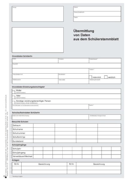 Formular zur Übermittlung von Daten aus dem Schülerstammblatt, Sachsen-Anhalt