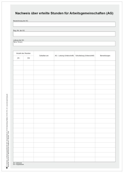 Nachweis über erteilte Stunden für Arbeitsgemeinschaften (AG)