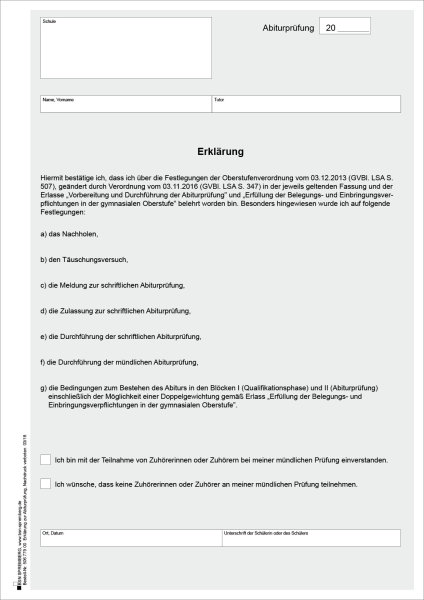 Erklärung zur  Abiturprüfung (Belehrung, Zulassung Zuhörer), Sachsen-Anhalt