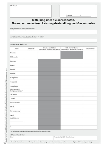 Mitteilung Jahresnoten, Noten
